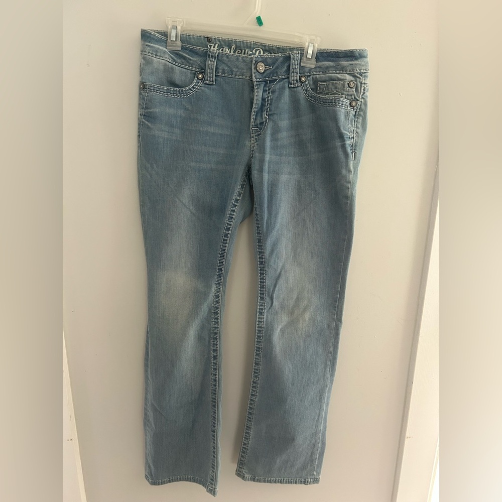 Harley Davidson Skull Jeans 12 low rise Boot cut Light Wash rhinestones